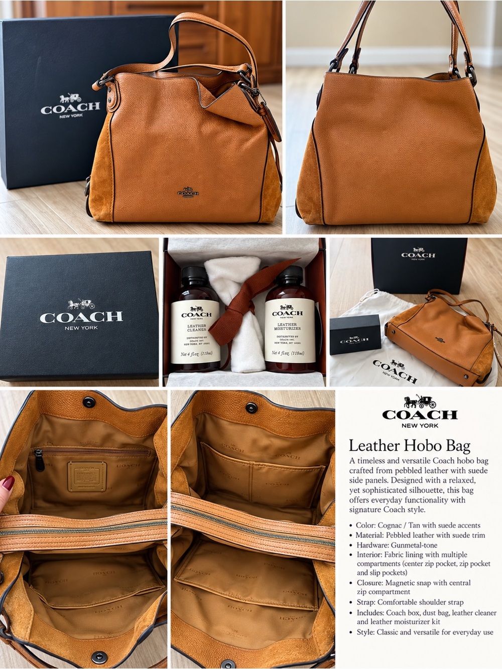 Coach Tan Leather Hobo Bag with Suede Accents